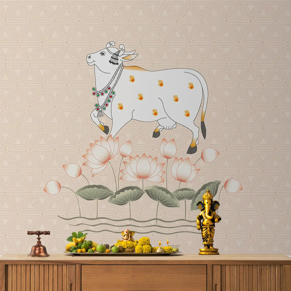 Cow and Lotuses, Pichwai Wallpaper Cream Color