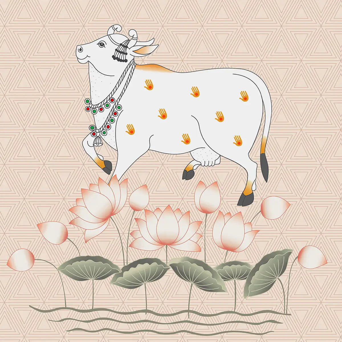 Cow and Lotuses, Pichwai Wallpaper Cream Color Buy Now