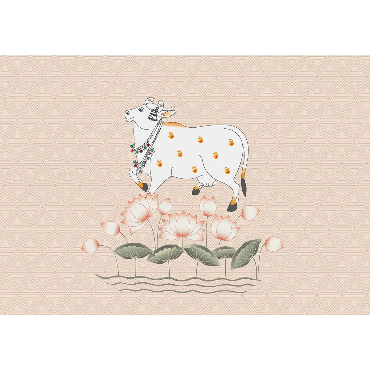 Cow and Lotuses, Pichwai Wallpaper Cream Color