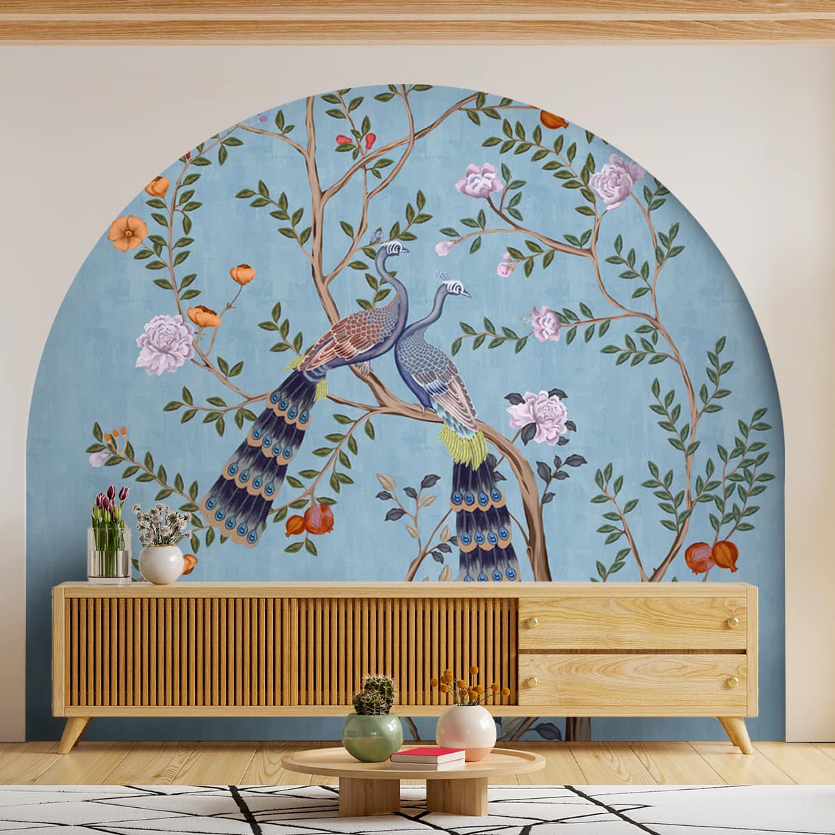 Morni, Peacock and Flowers Chinoiserie Design for Walls, Blue