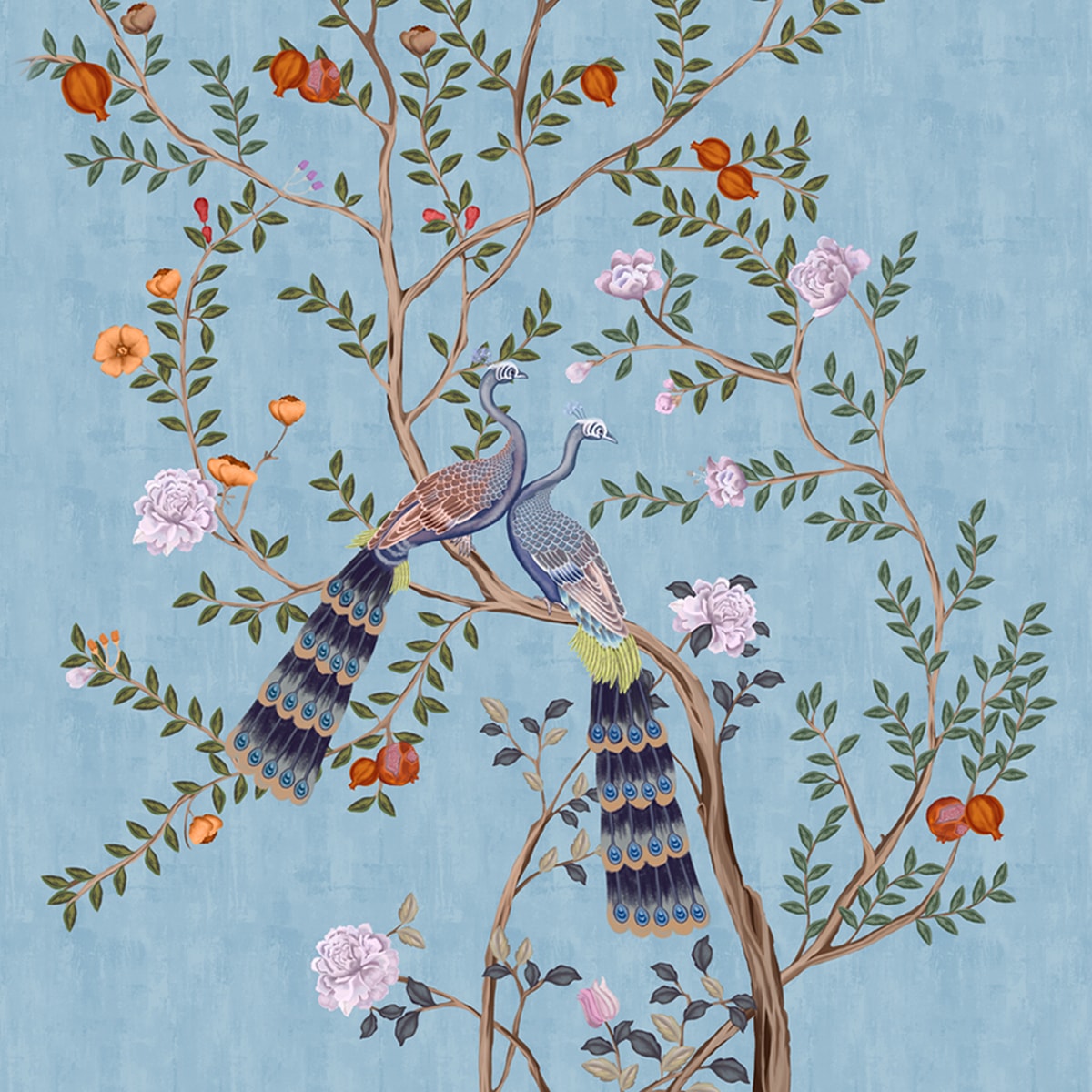 Morni, Peacock and Flowers Chinoiserie Design for Walls, Blue