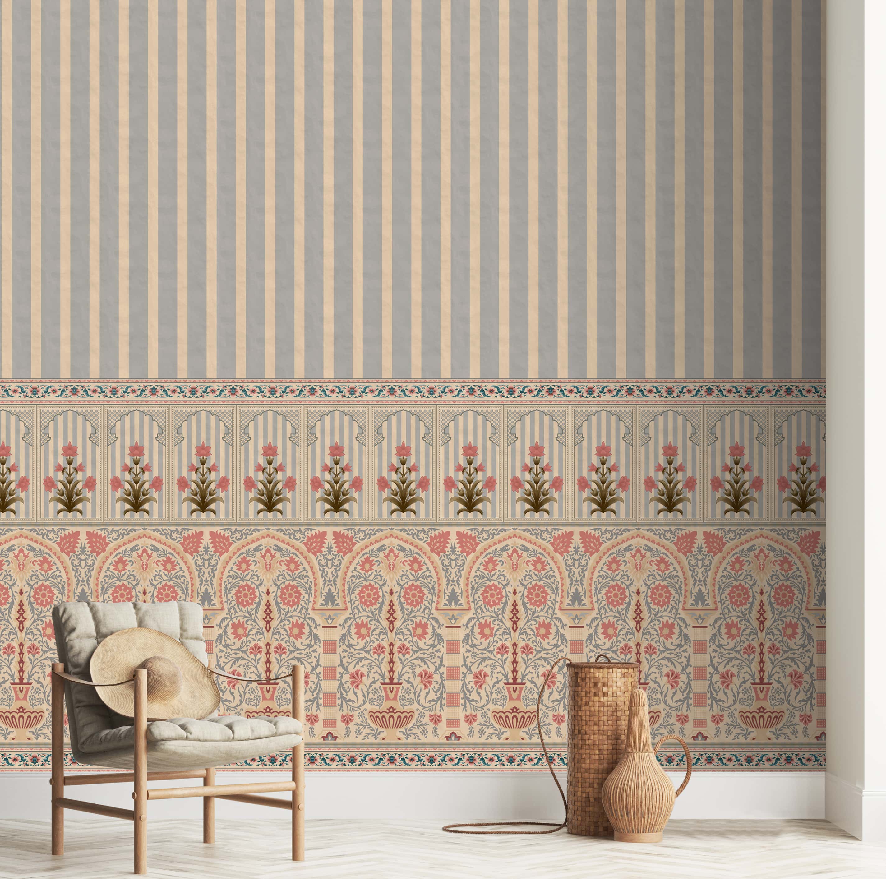 Kusum: Indian Floral Jharokha and Stripes Design Wallpaper