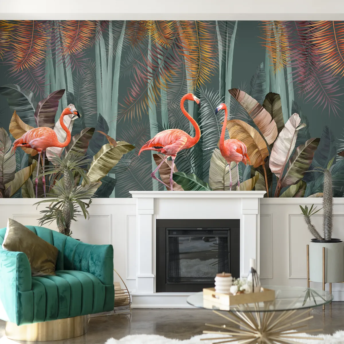 Pink Flamingos in Tropical Jungle Wallpaper for Rooms