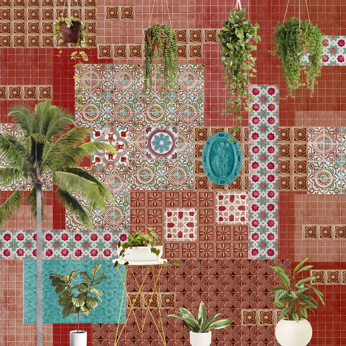 Eclectic Montage Tiles and Tropical Wallpaper