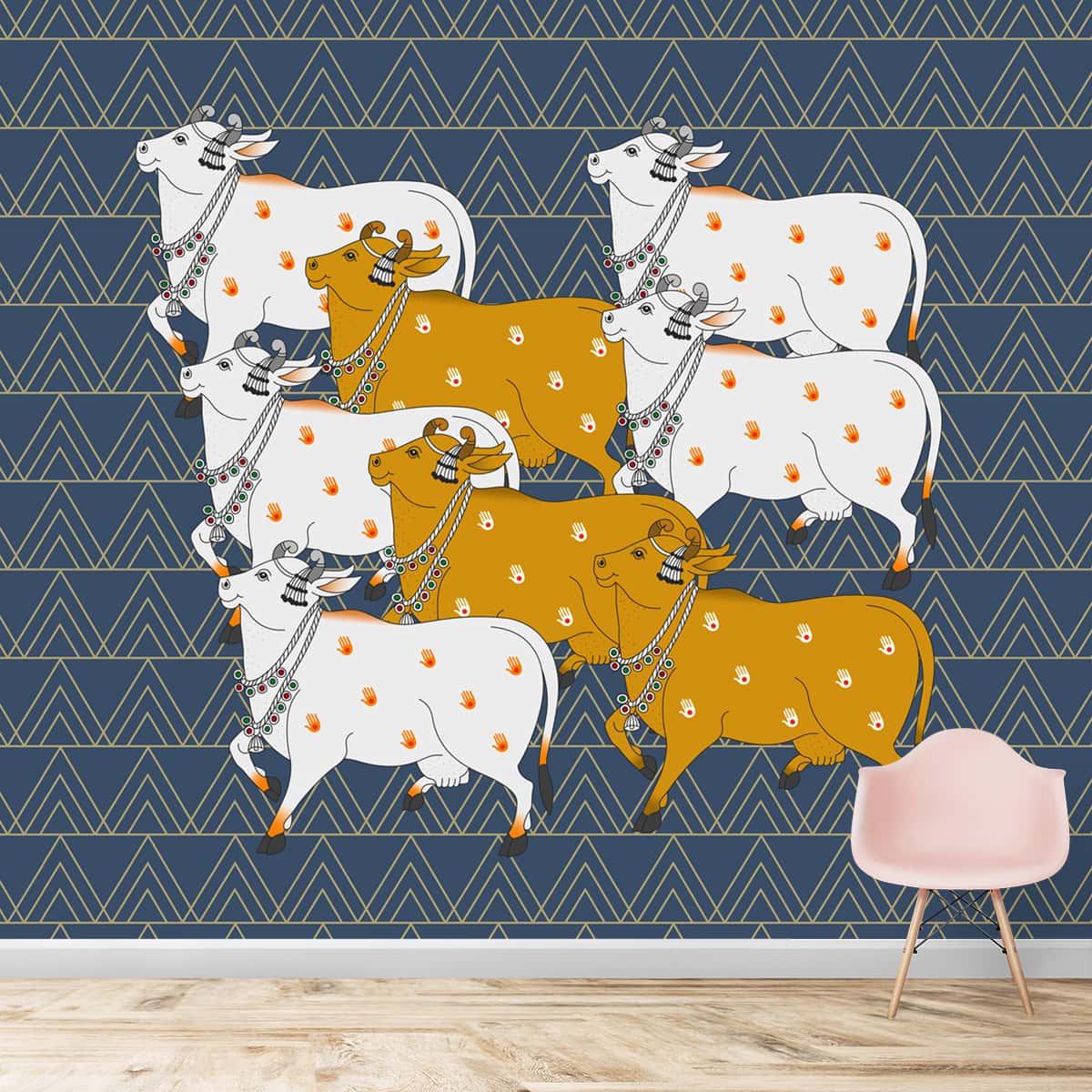 Pichwai Cow Design  Blue Wallpaper for Walls, Customised