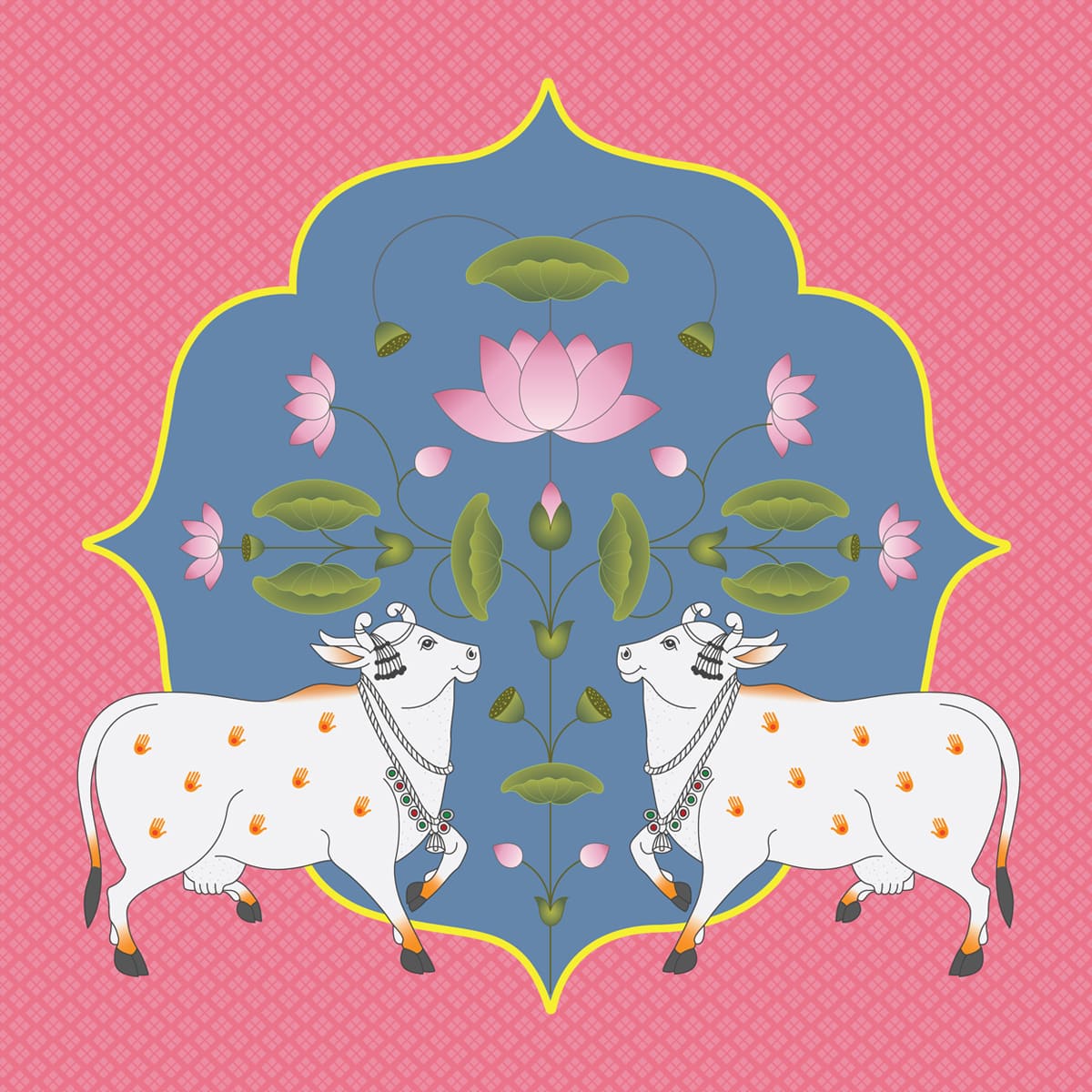 Cows and Lotus In Pichwai Style Wallpaper, Pink & Blue, Customised