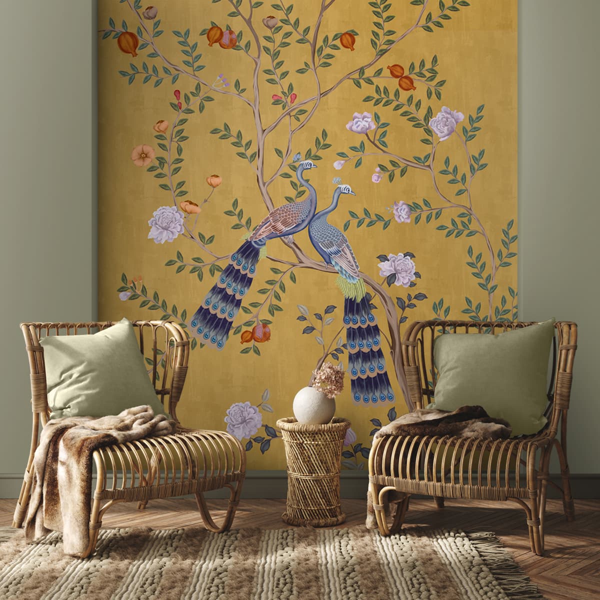 Morni, Peacock and Flowers Chinoiserie Design, Yellow