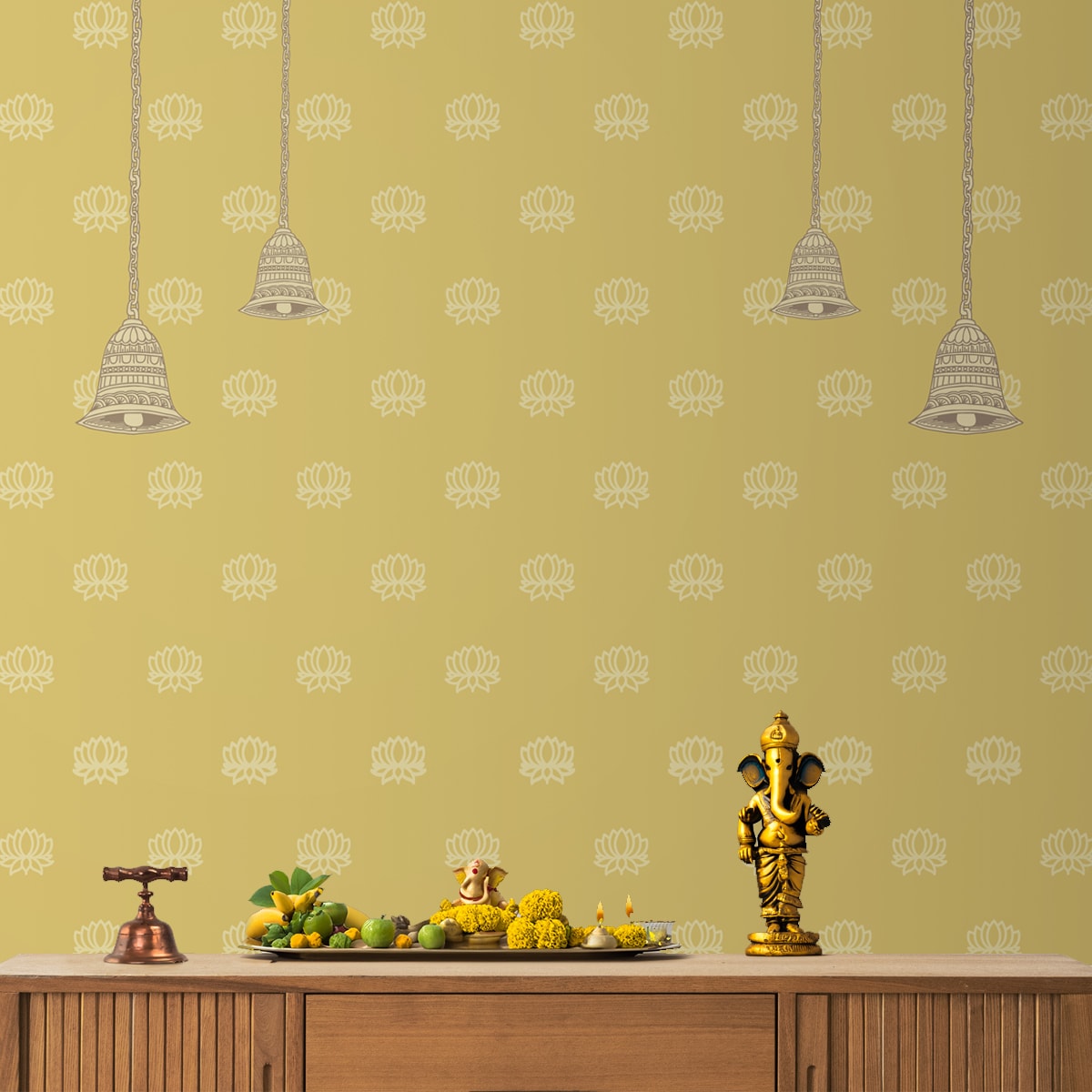 Divine Glow: Beautiful Yellow Pichwai Wallpaper for Pooja Room, Customised