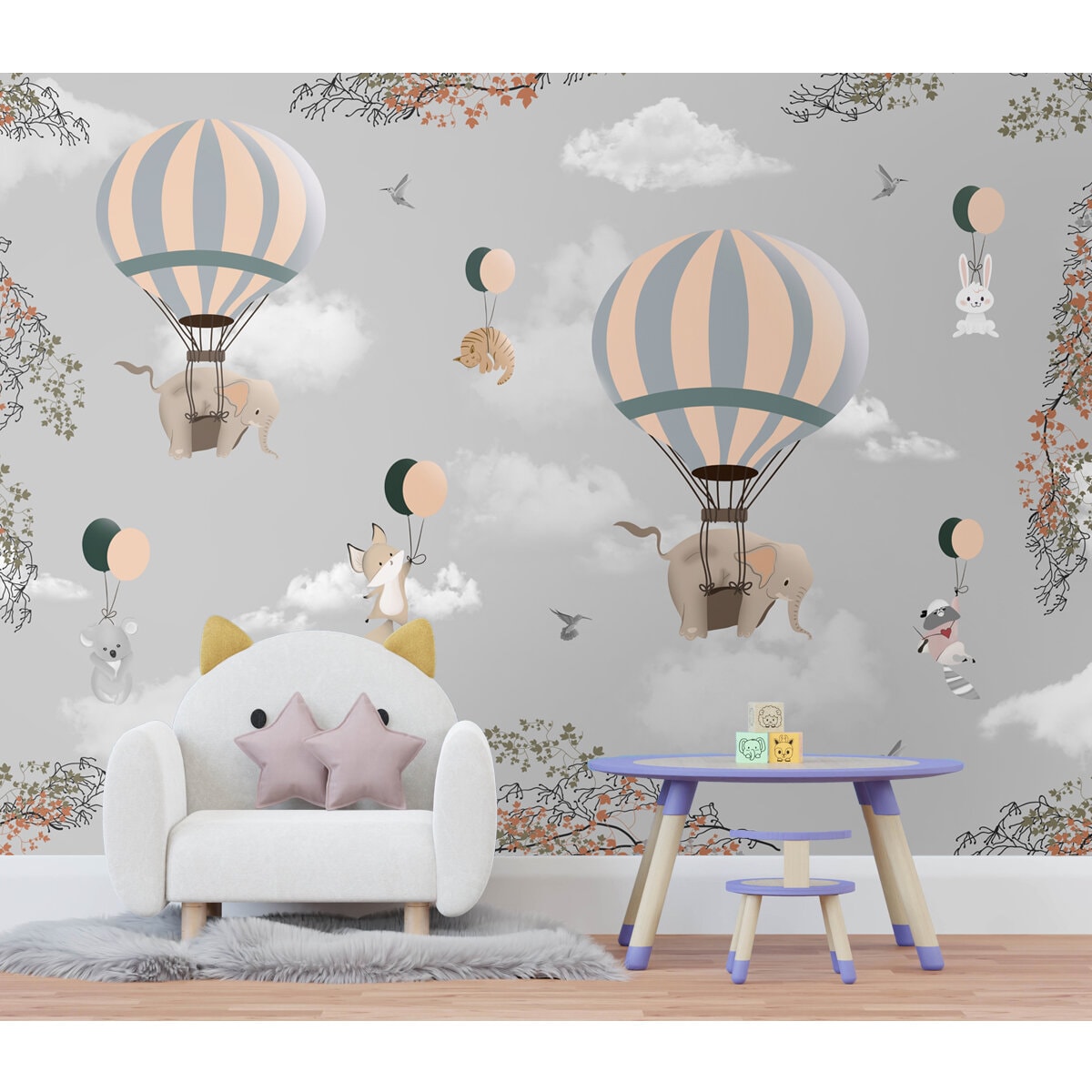 Adorable Elephants and Hot Air Balloons Wallpaper for Kids Room