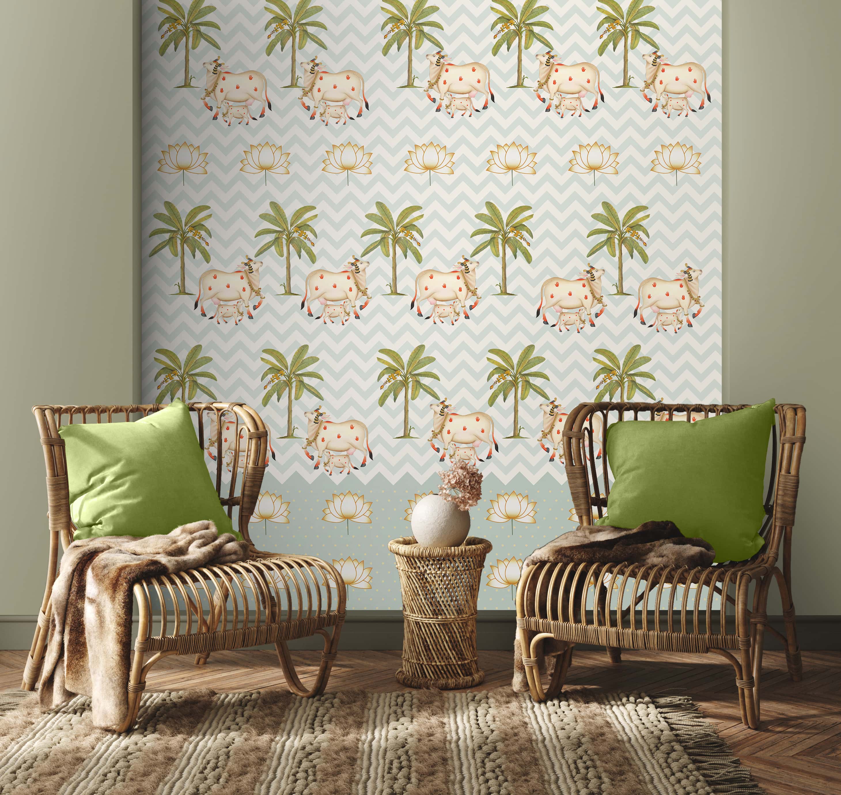 Pichwai Cows in Chevron Pattern Wallpaper