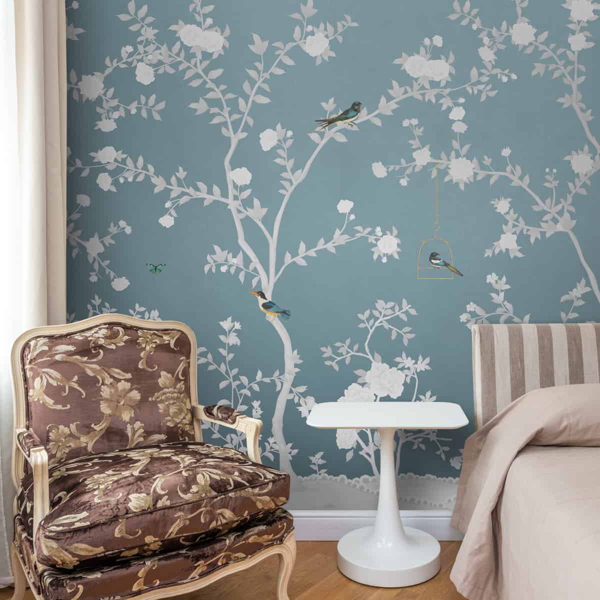 Aura in the Garden, Chinoiserie Wallpaper, Blue, Customised