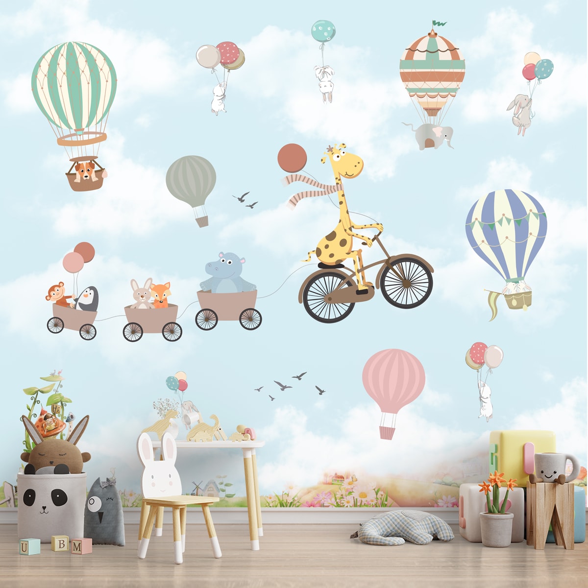 Flying Giraffe Cycle Train Wall Mural for kids Room, Customised