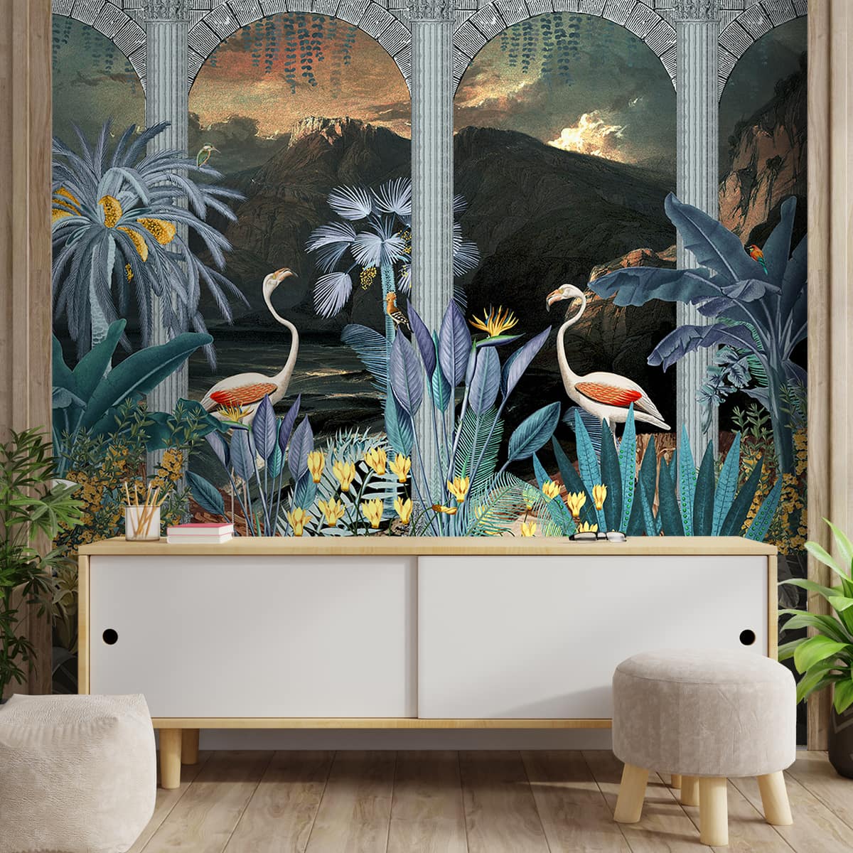 Tropical Theme Wallpaper Design with Flamingoes