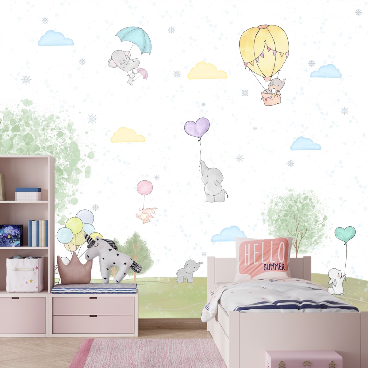 Adorable Bunnies and Elephants, Nursery Room Wallpaper