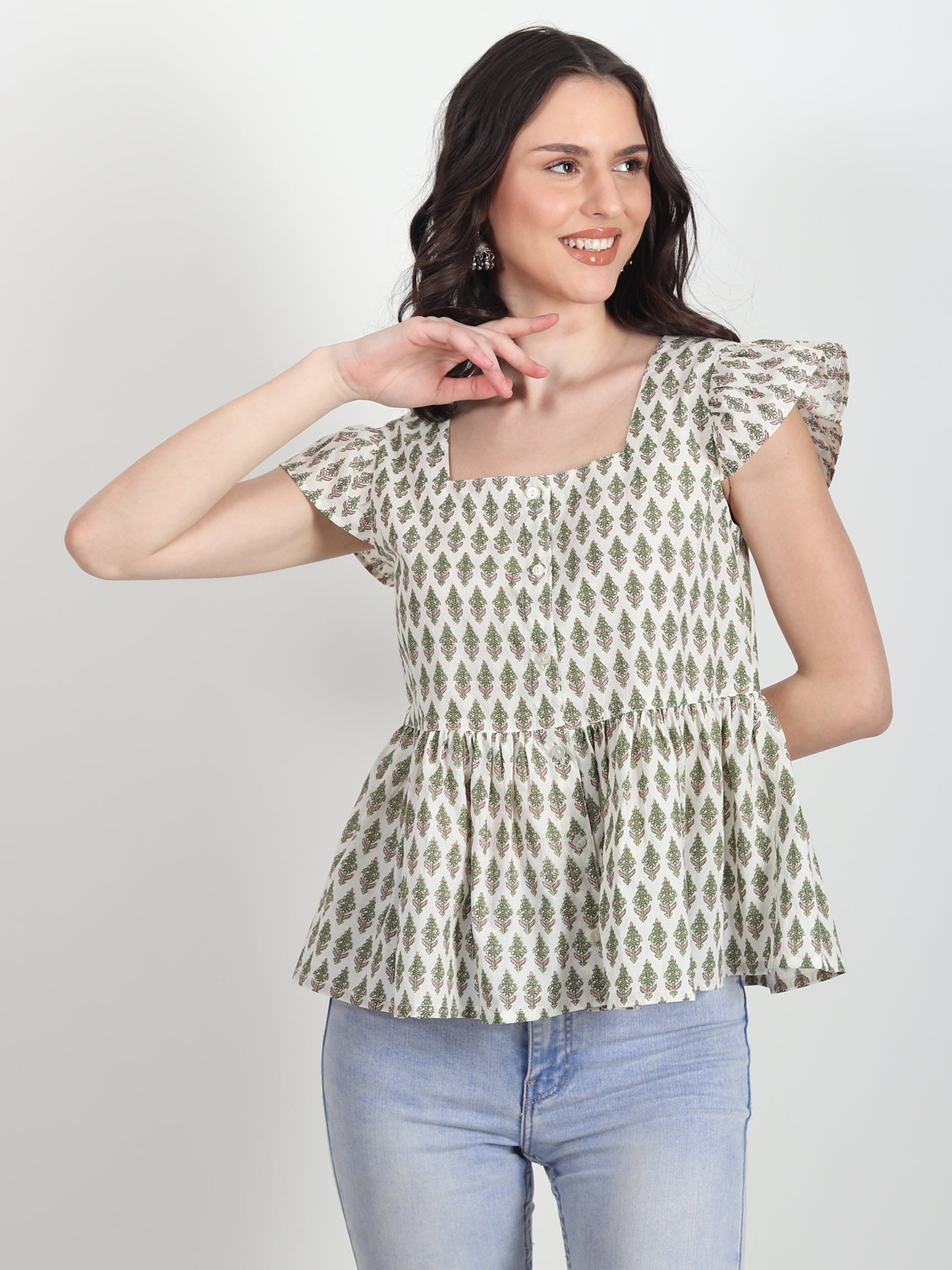 Art Avenue Women's Fiorella Hand Block Printed Green Tops - ART AVENUE