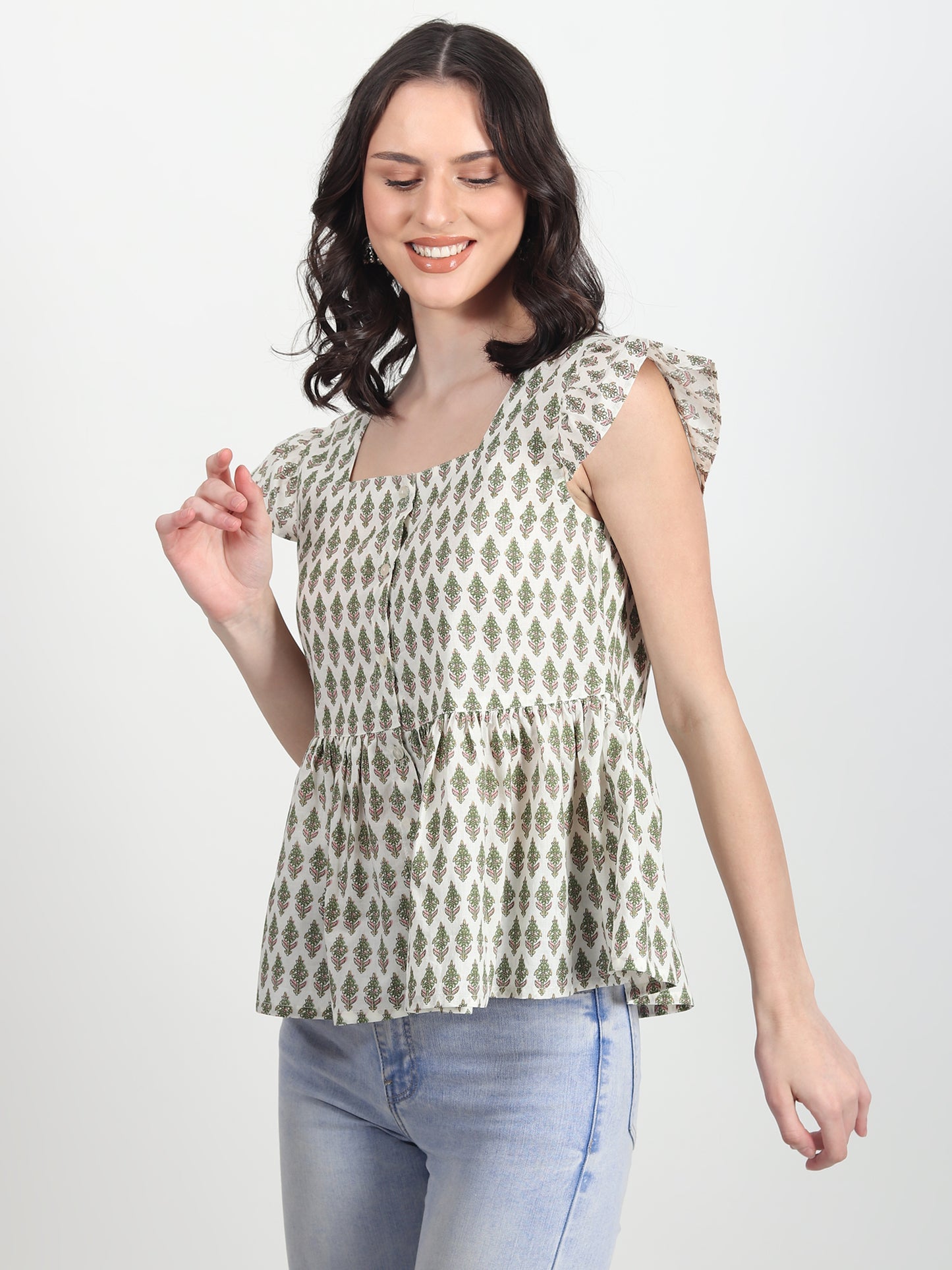 Art Avenue Women's Fiorella Hand Block Printed Green Tops - ART AVENUE