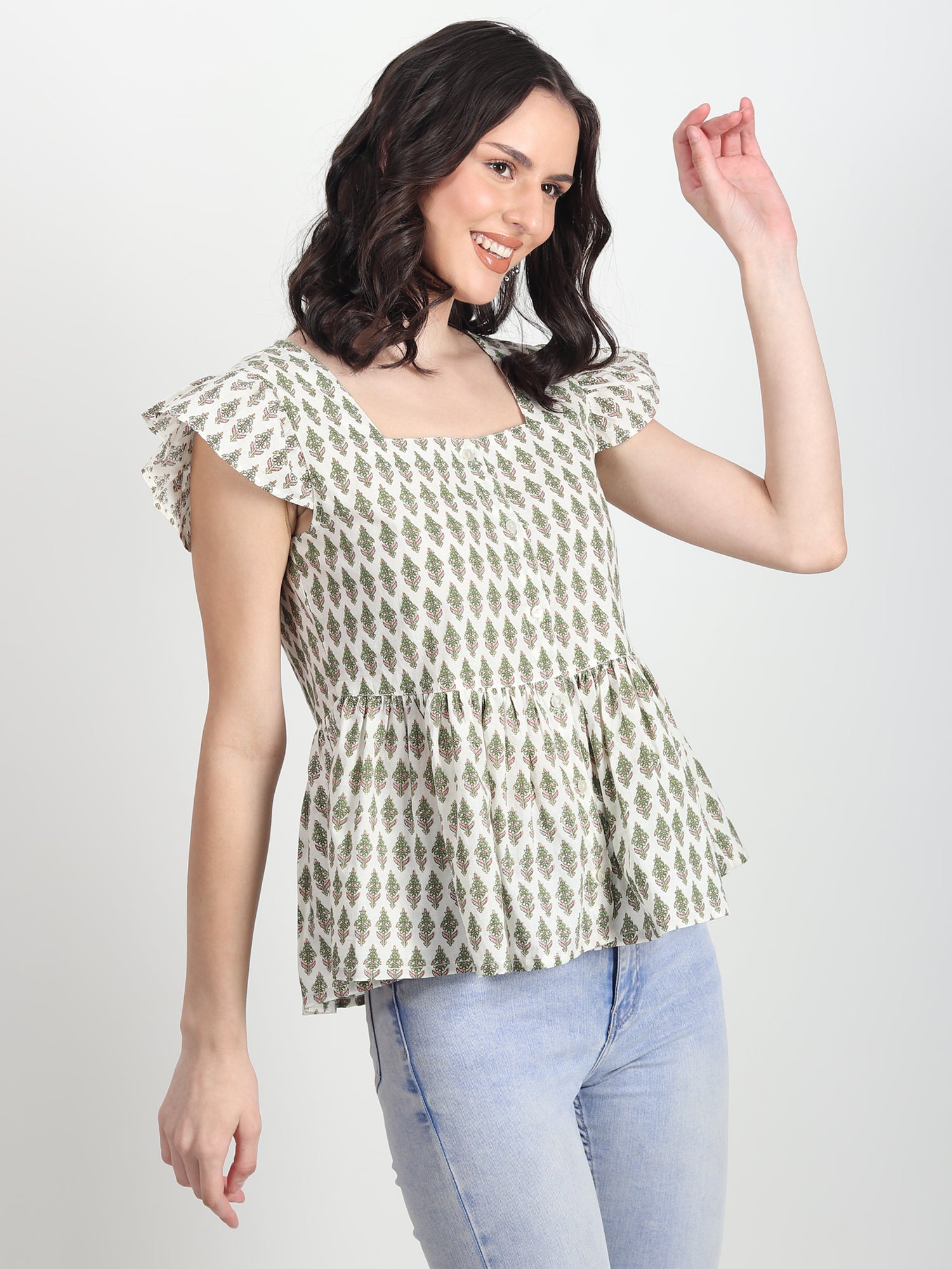 Art Avenue Women's Fiorella Hand Block Printed Green Tops - ART AVENUE