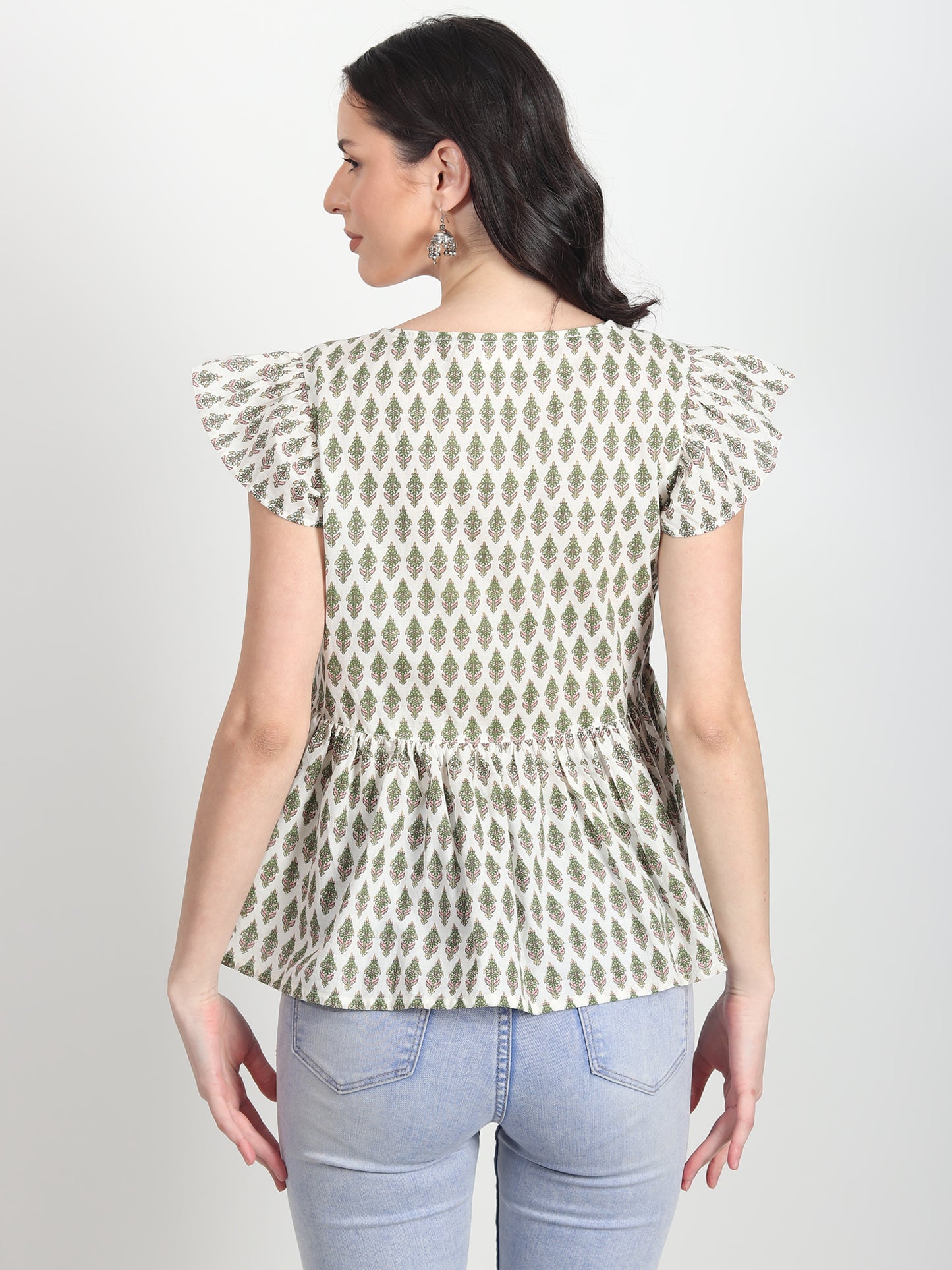 Art Avenue Women's Fiorella Hand Block Printed Green Tops - ART AVENUE