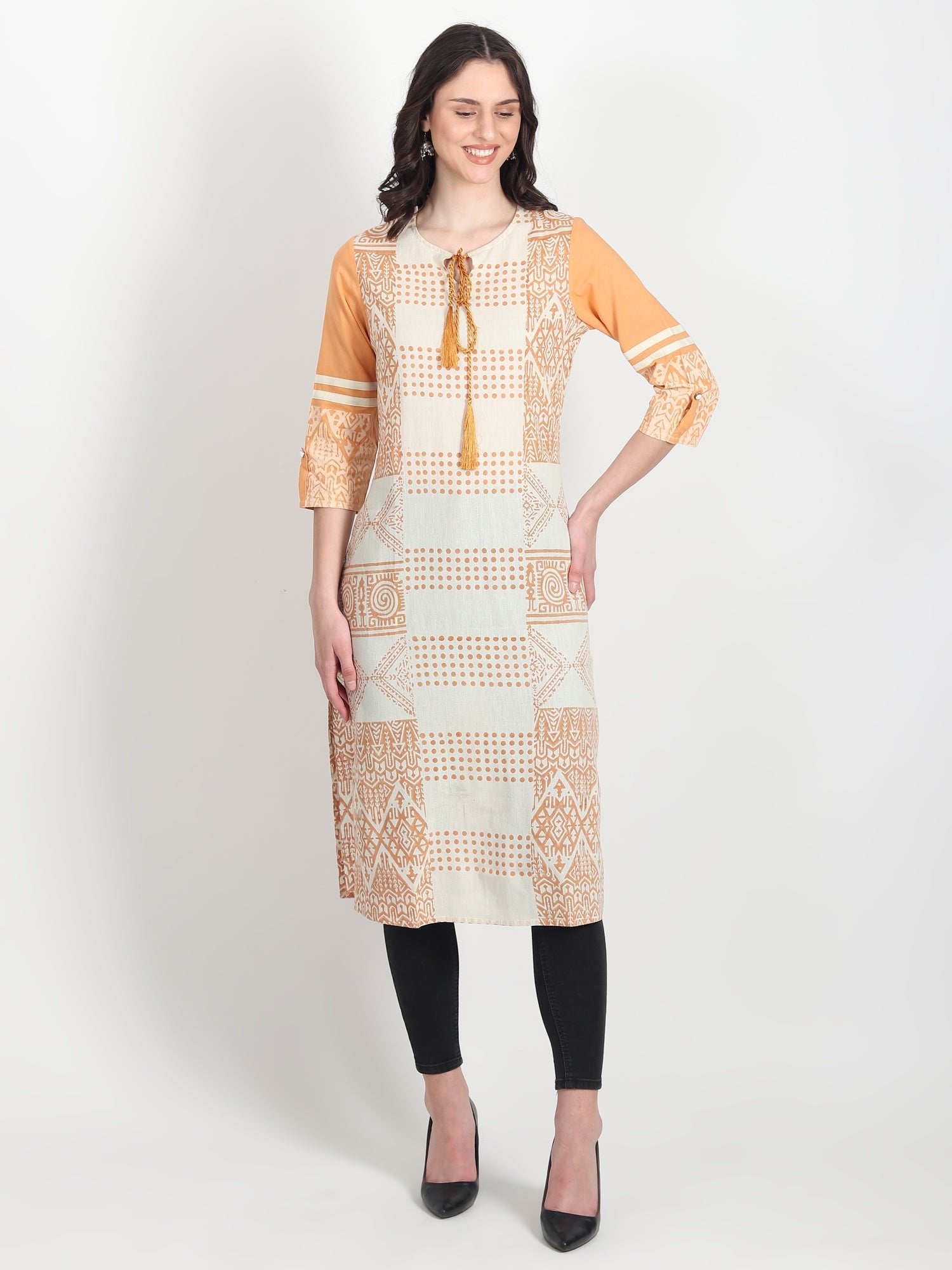 Art Avenue Women's Ethnic Motifs Hand Block Printed Straight Kurti Geometric - ART AVENUE