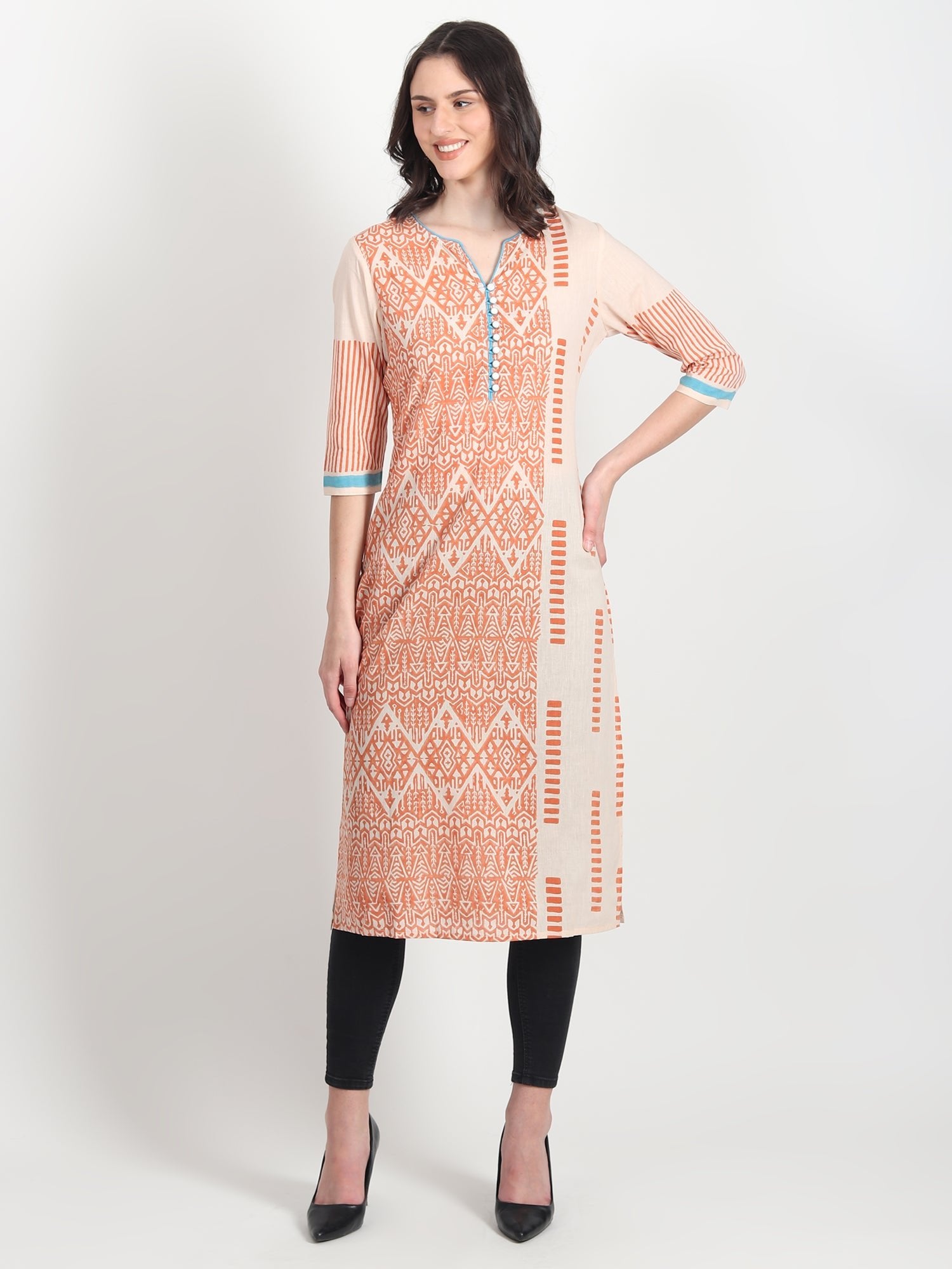 CASPAR Hand Block Printed Straight Kurti Geometric ,Tribal Motifs - ART AVENUE