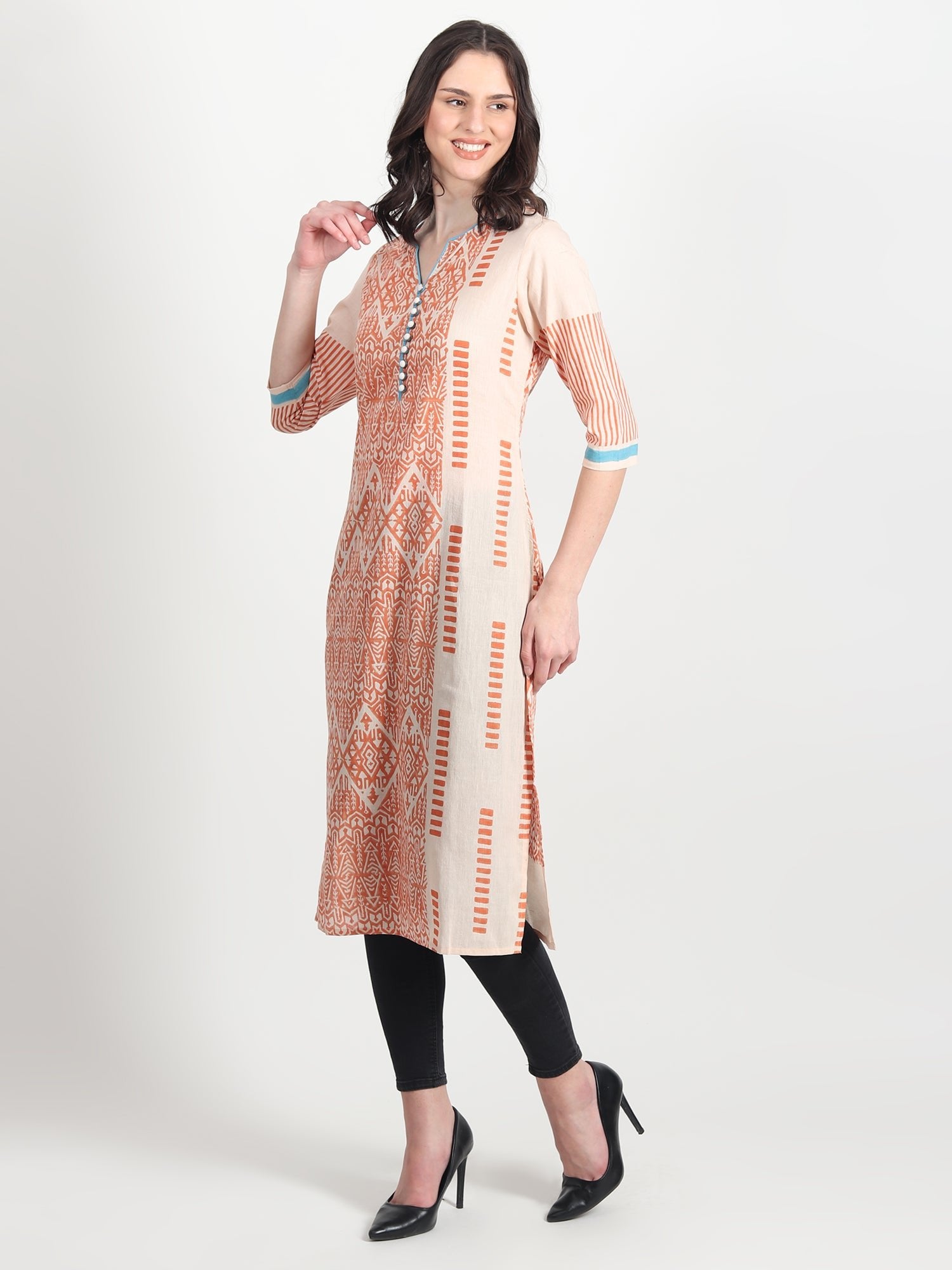 CASPAR Hand Block Printed Straight Kurti Geometric ,Tribal Motifs - ART AVENUE