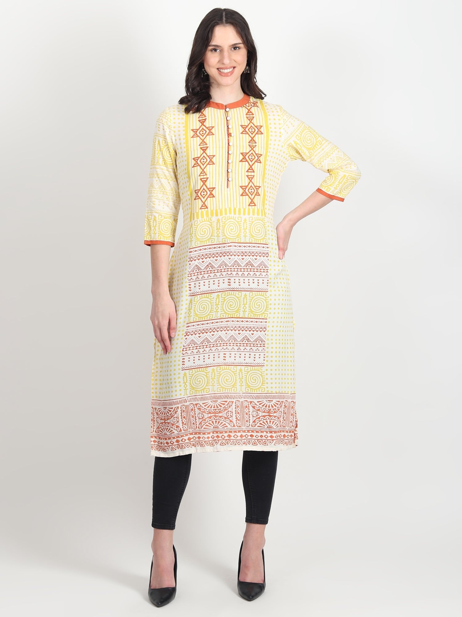 DALIA Hand Block Printed Straight Kurti Geometric ,Tribal Motifs - ART AVENUE