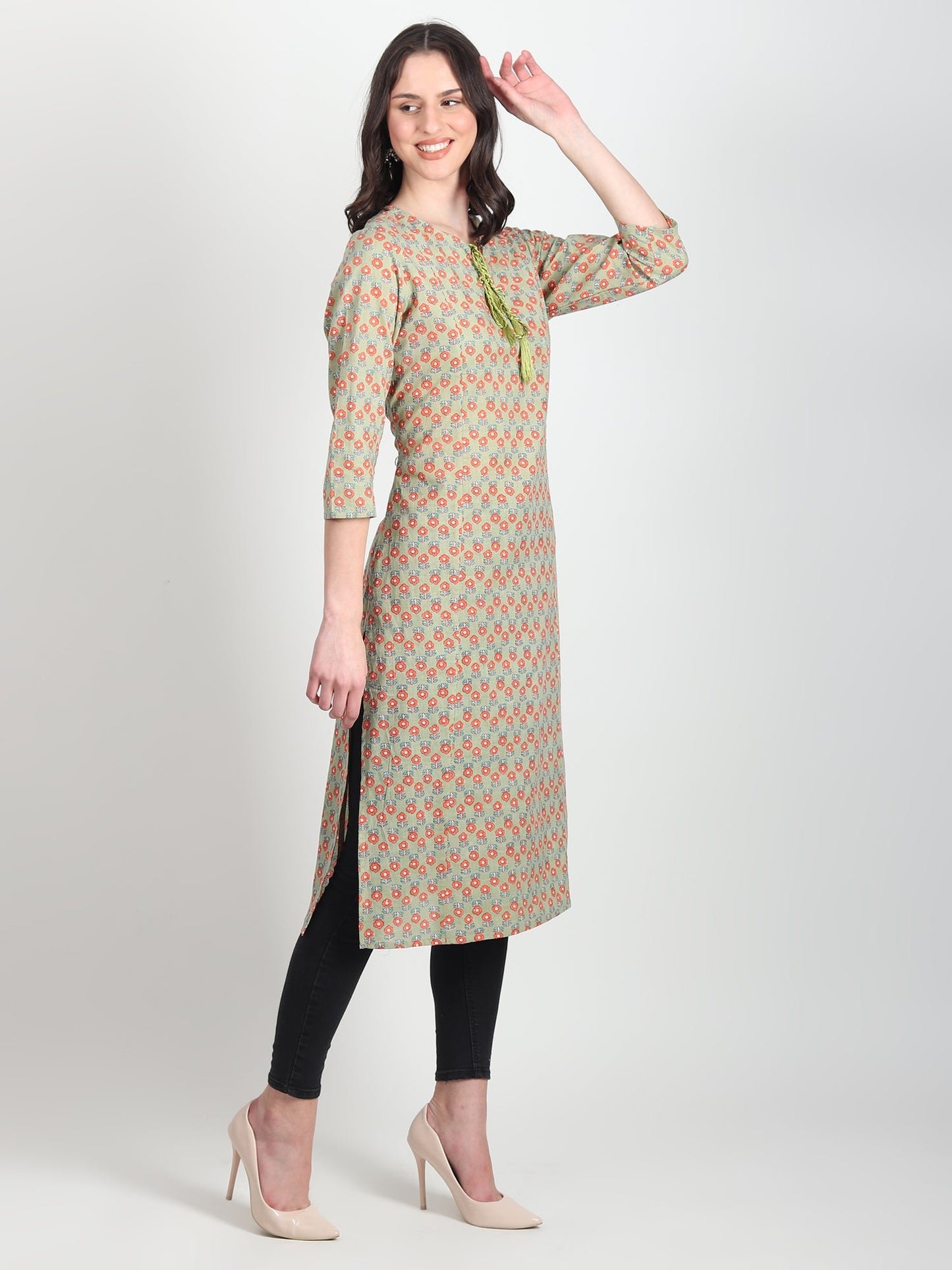 LYSSA Hand Block Printed Straight Kurti Floral Motifs - ART AVENUE