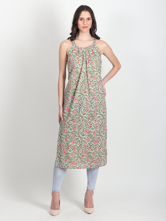 MAEVE Hand Block Printed Straight Kurti Floral Motifs - ART AVENUE