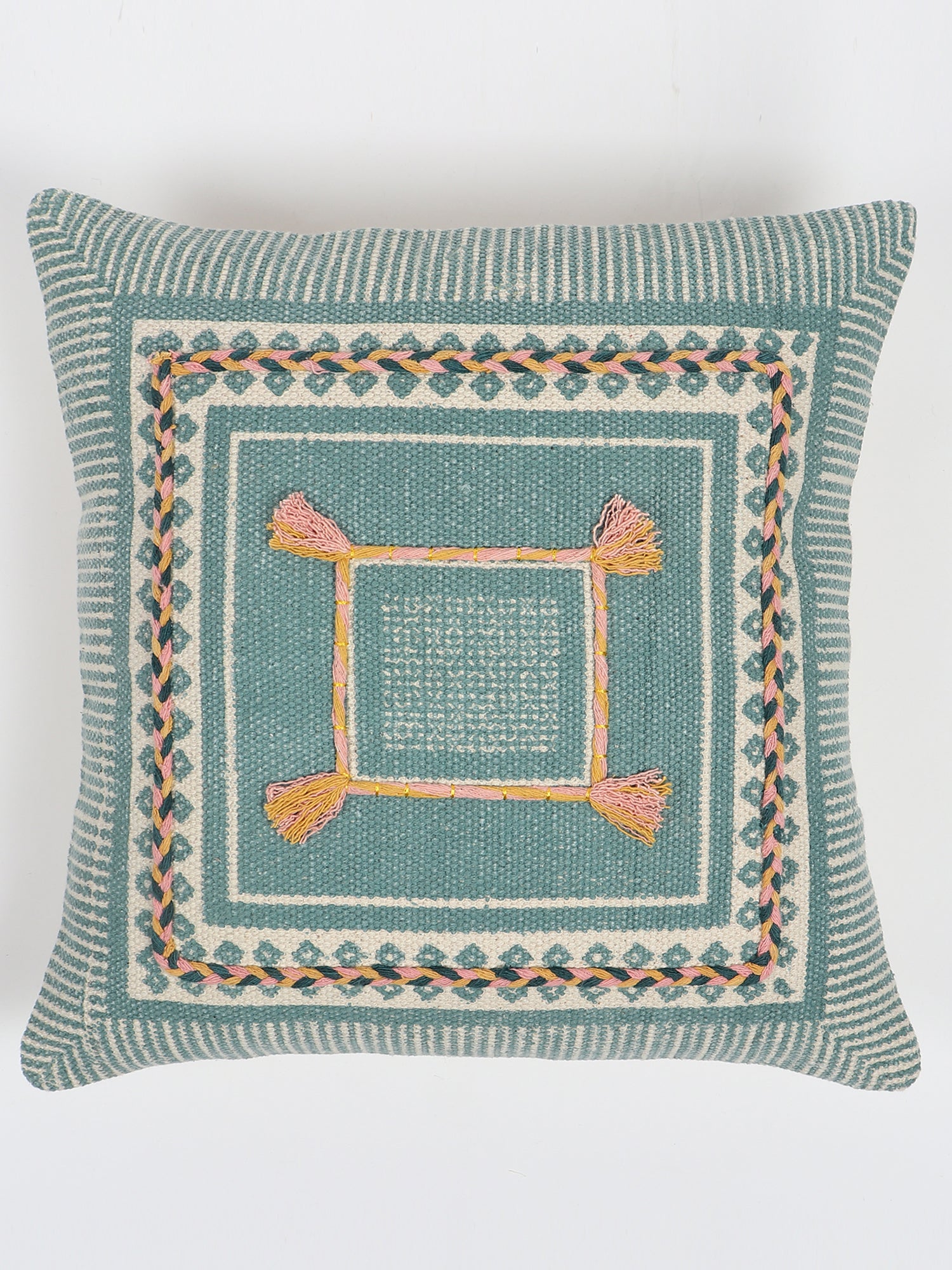 AELLA - BLOCK PRINTED EMBROIDERY SQUARE CUSHION COVER