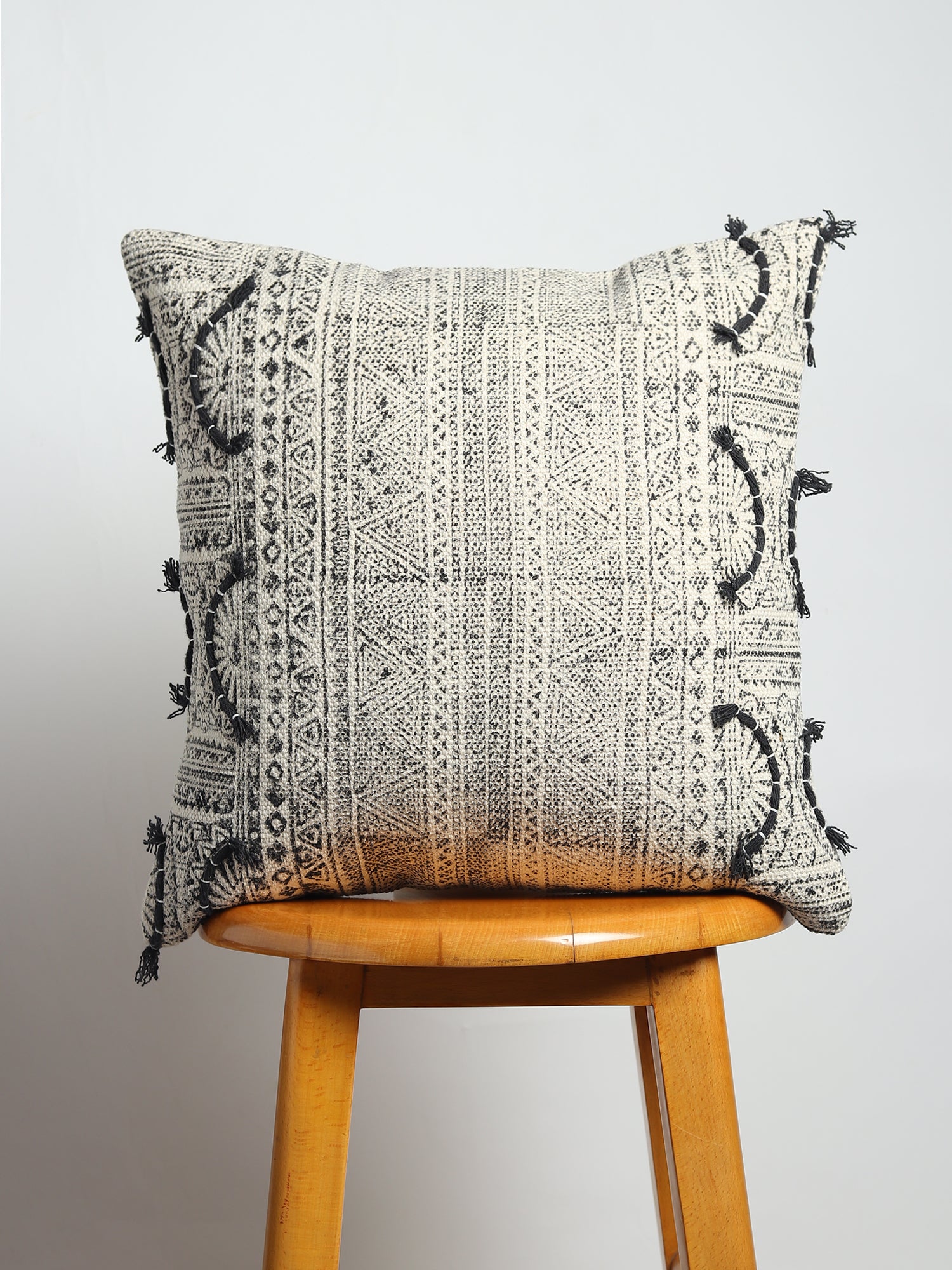 CHARCOAL WHIMSICAL HAVEN - BLOCK PRINTED SQUARE CUSHION COVER