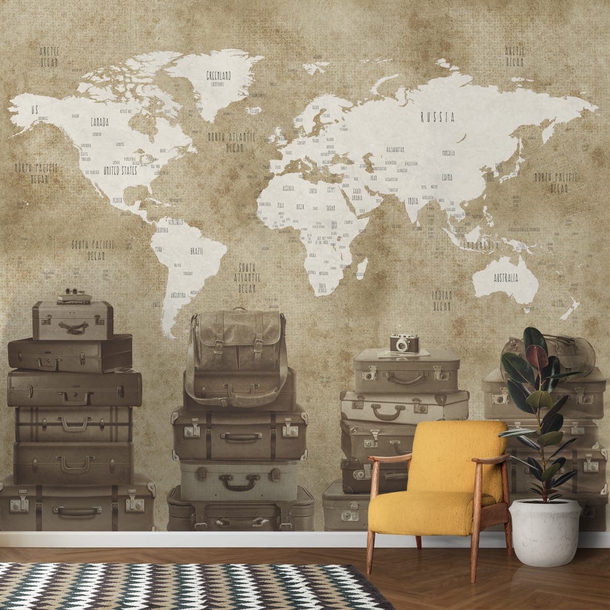 Vintage Travel Theme World Map Wallpaper for Walls, Customised