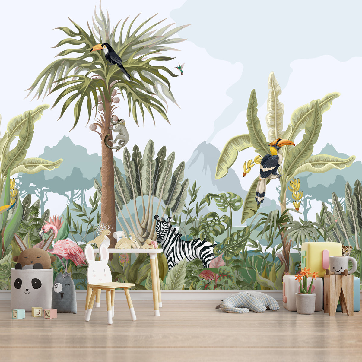 Tropical Jungle with Animals Wallpaper for Kids, Customised