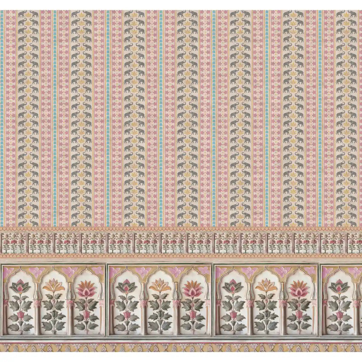 Buy Kala Heritage Elegance: Intricate Indian Temple Art Wallpaper in Pink and Yellow