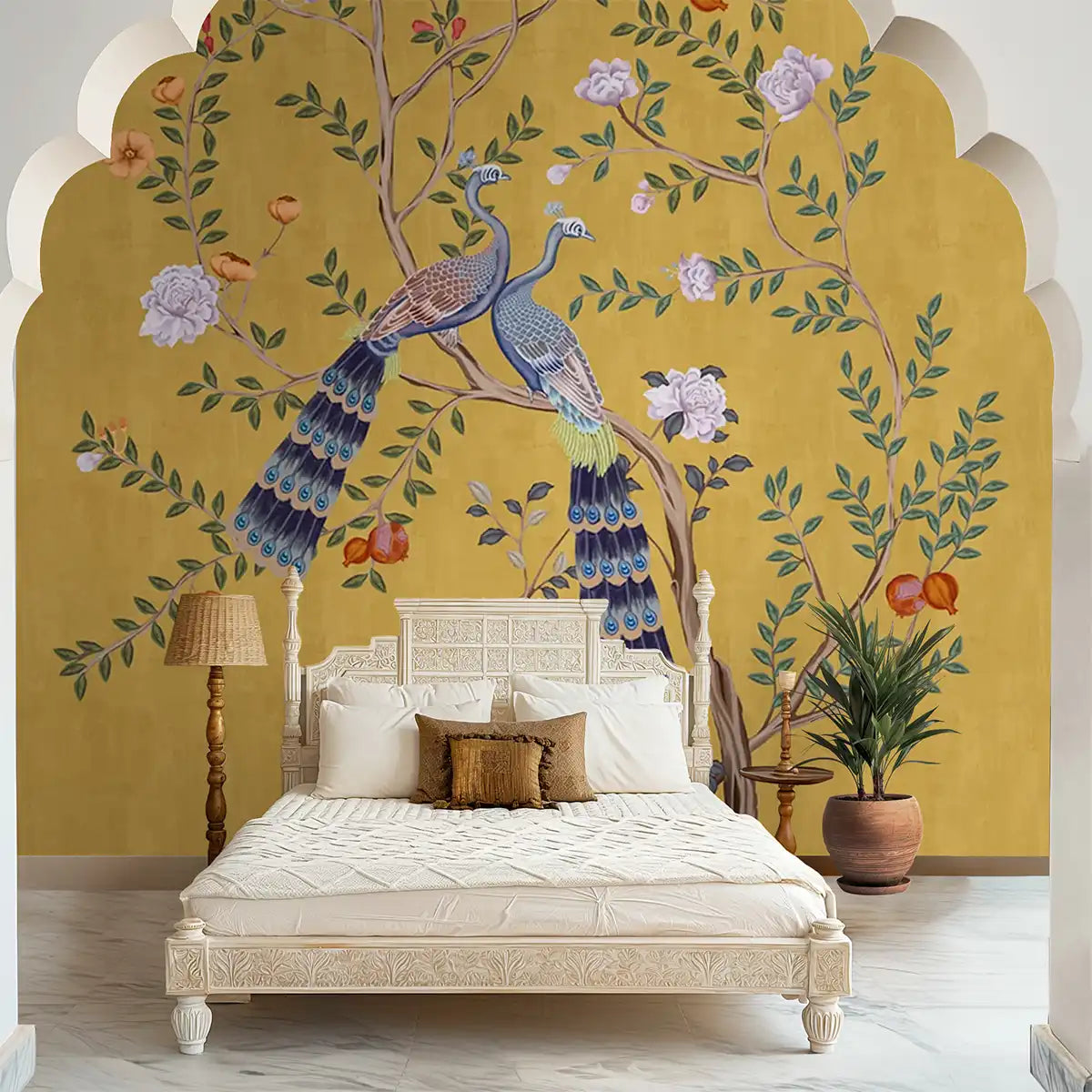 Morni, Peacock and Flowers Chinoiserie Design, Yellow