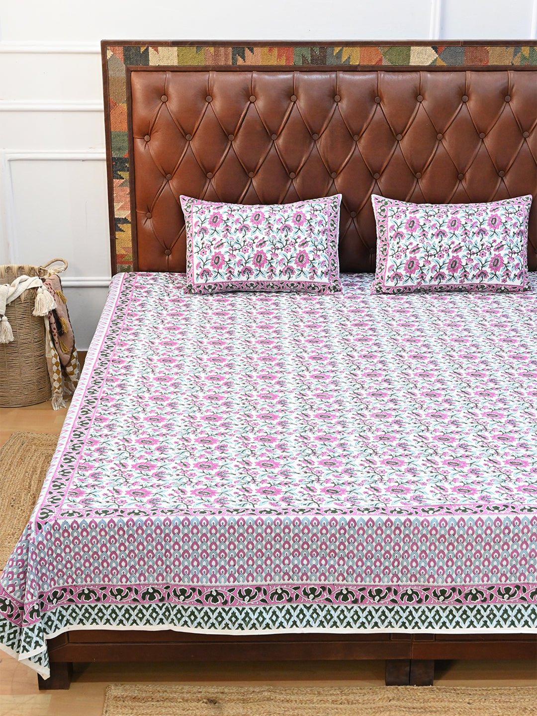 GULMARG PINK COTTON PRINTED DOUBLE BEDSHEET WITH PILLOW - ART AVENUE