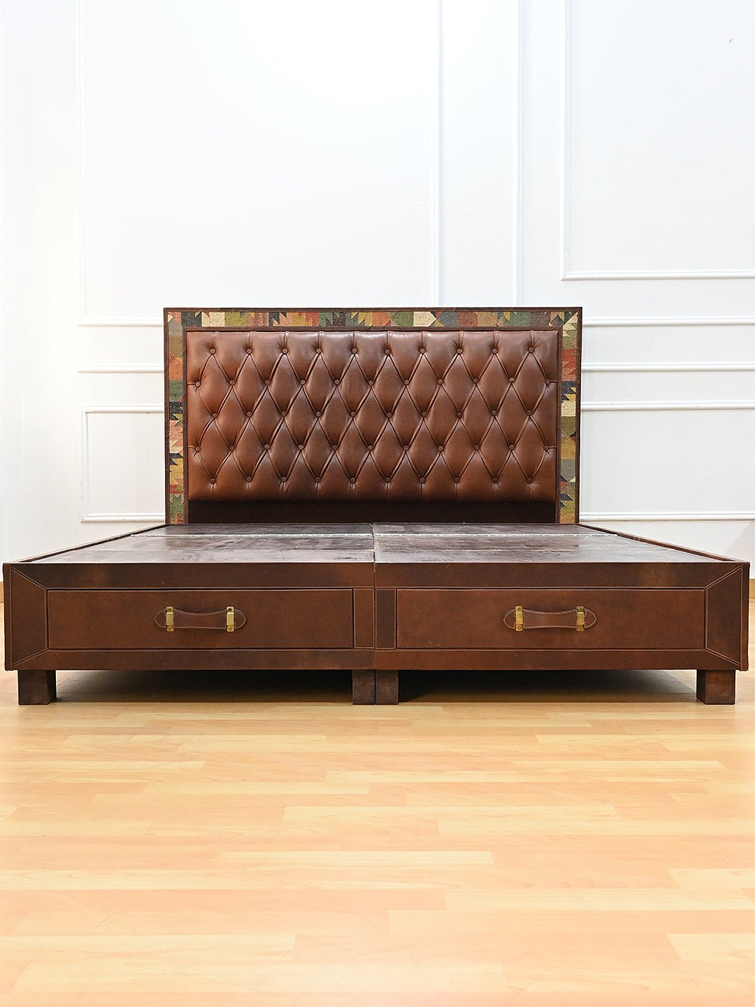 SPHIA - WOODEN DOUBLE BED KILIM & LEATHER - ART AVENUE