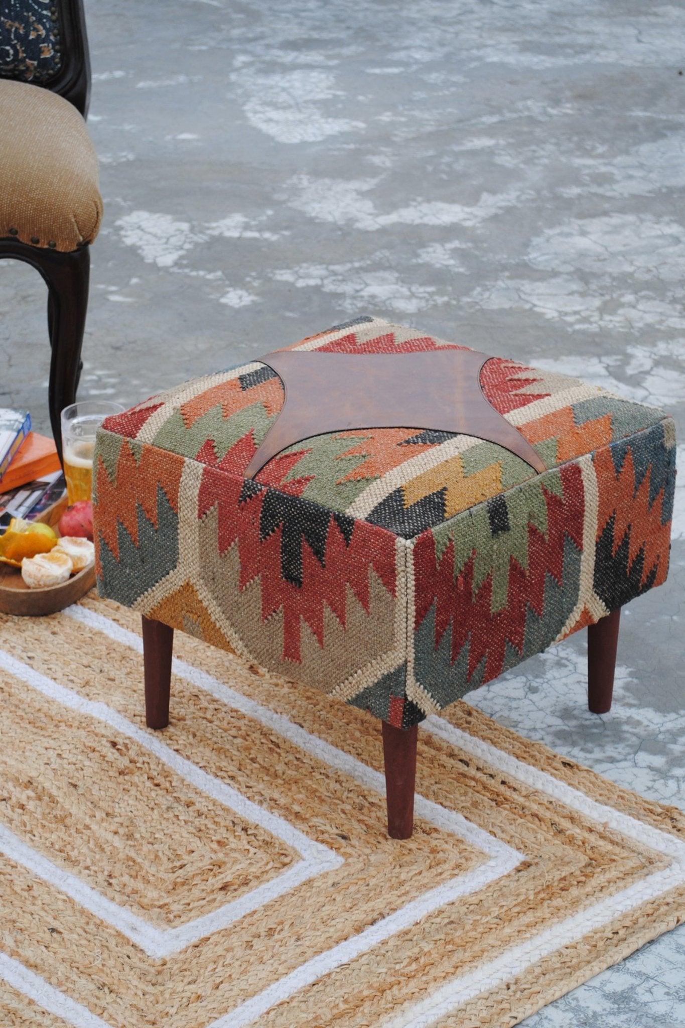 RAJAH - KILIM & LEATHER OTTOMAN - ART AVENUE