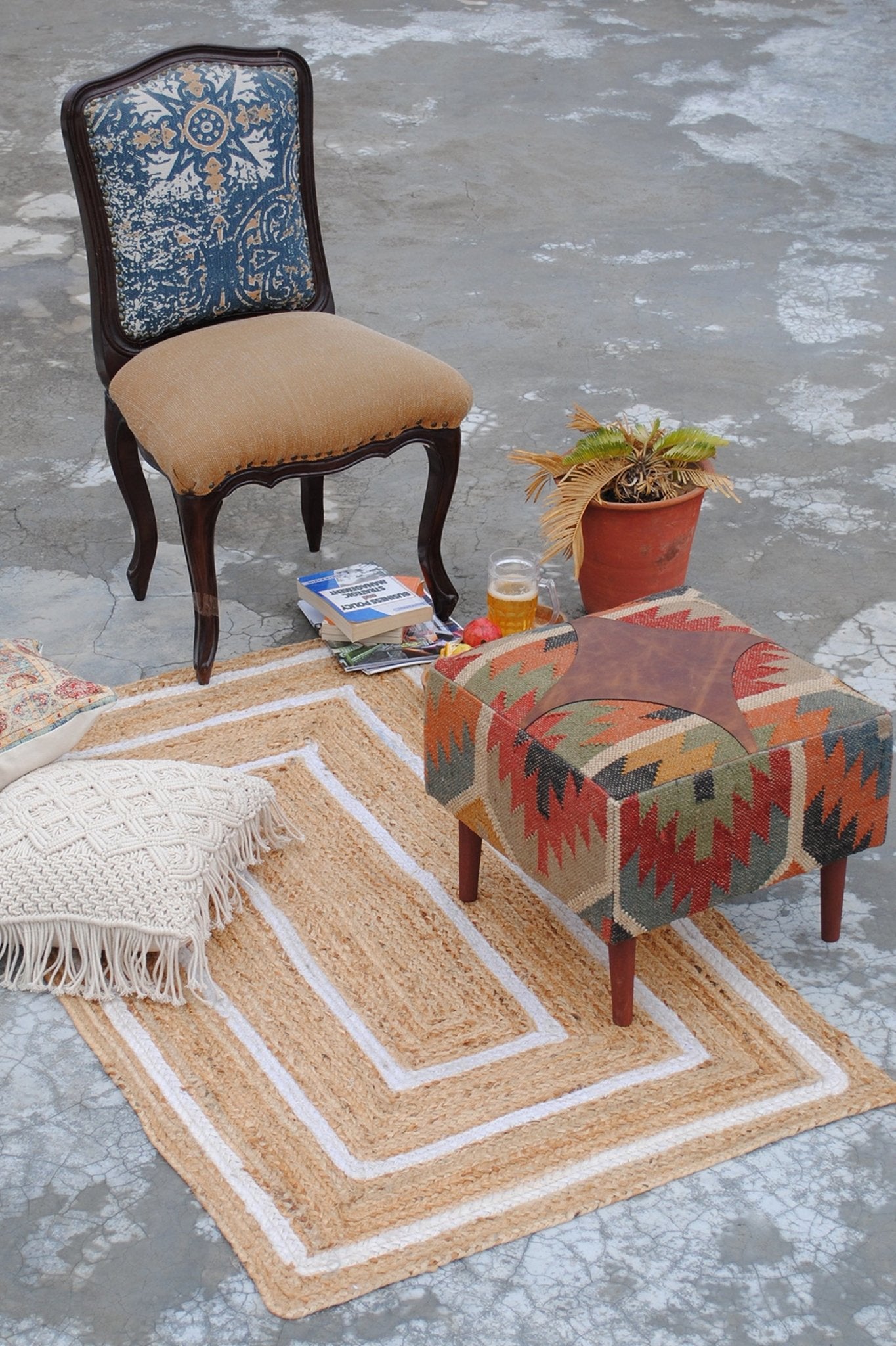 RAJAH - KILIM & LEATHER OTTOMAN - ART AVENUE