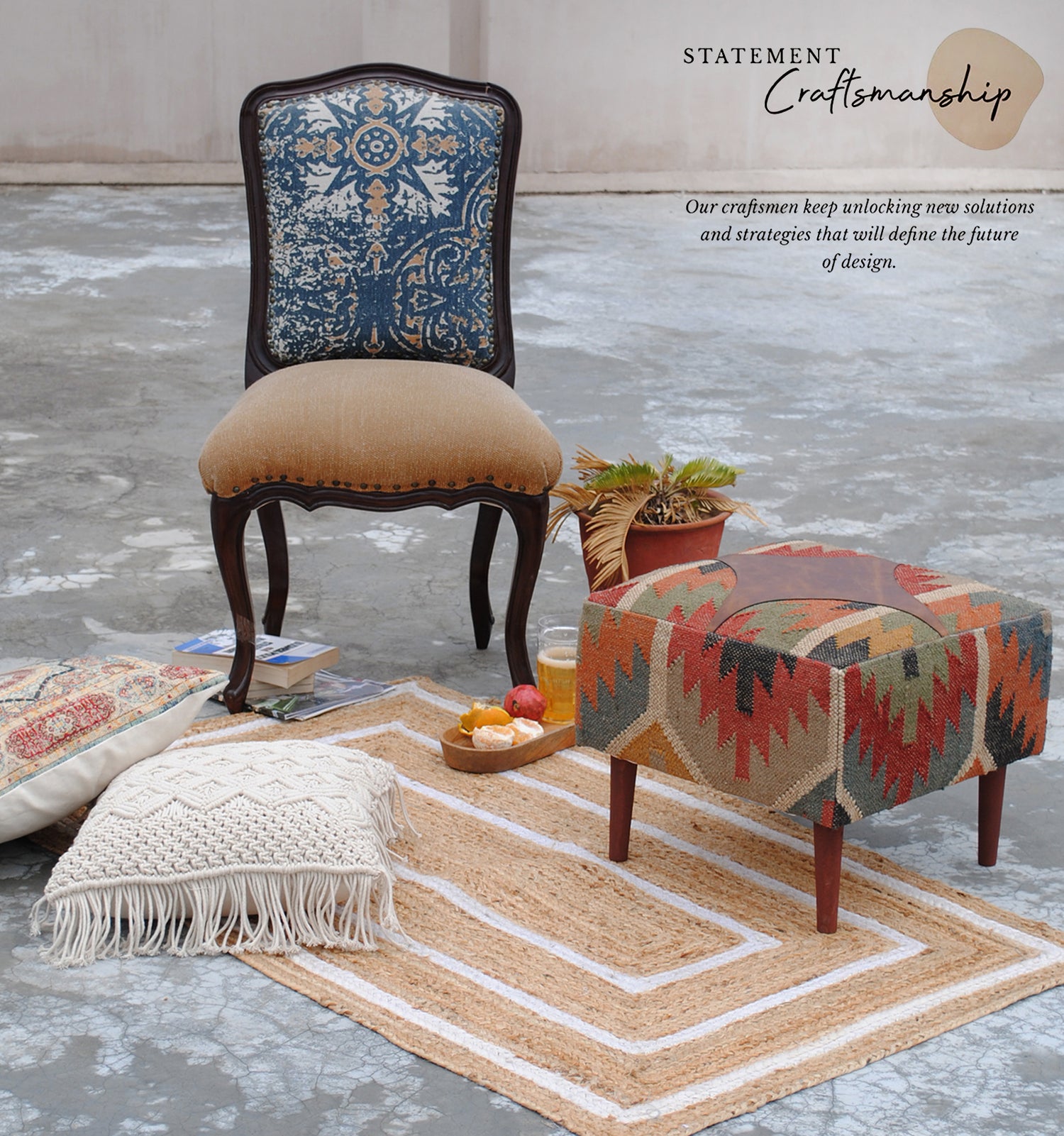 RAJAH - KILIM & LEATHER OTTOMAN - ART AVENUE