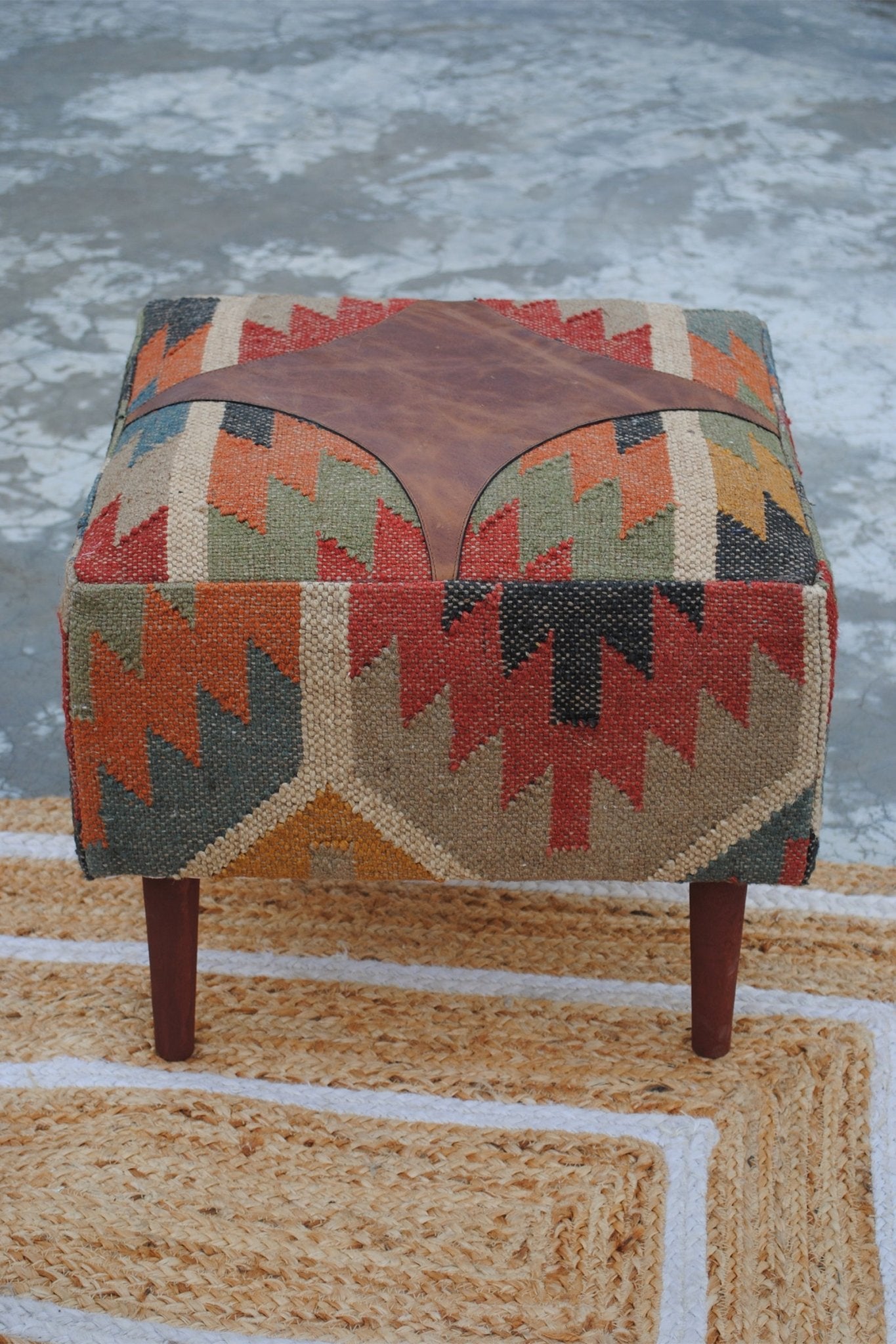 RAJAH - KILIM & LEATHER OTTOMAN - ART AVENUE