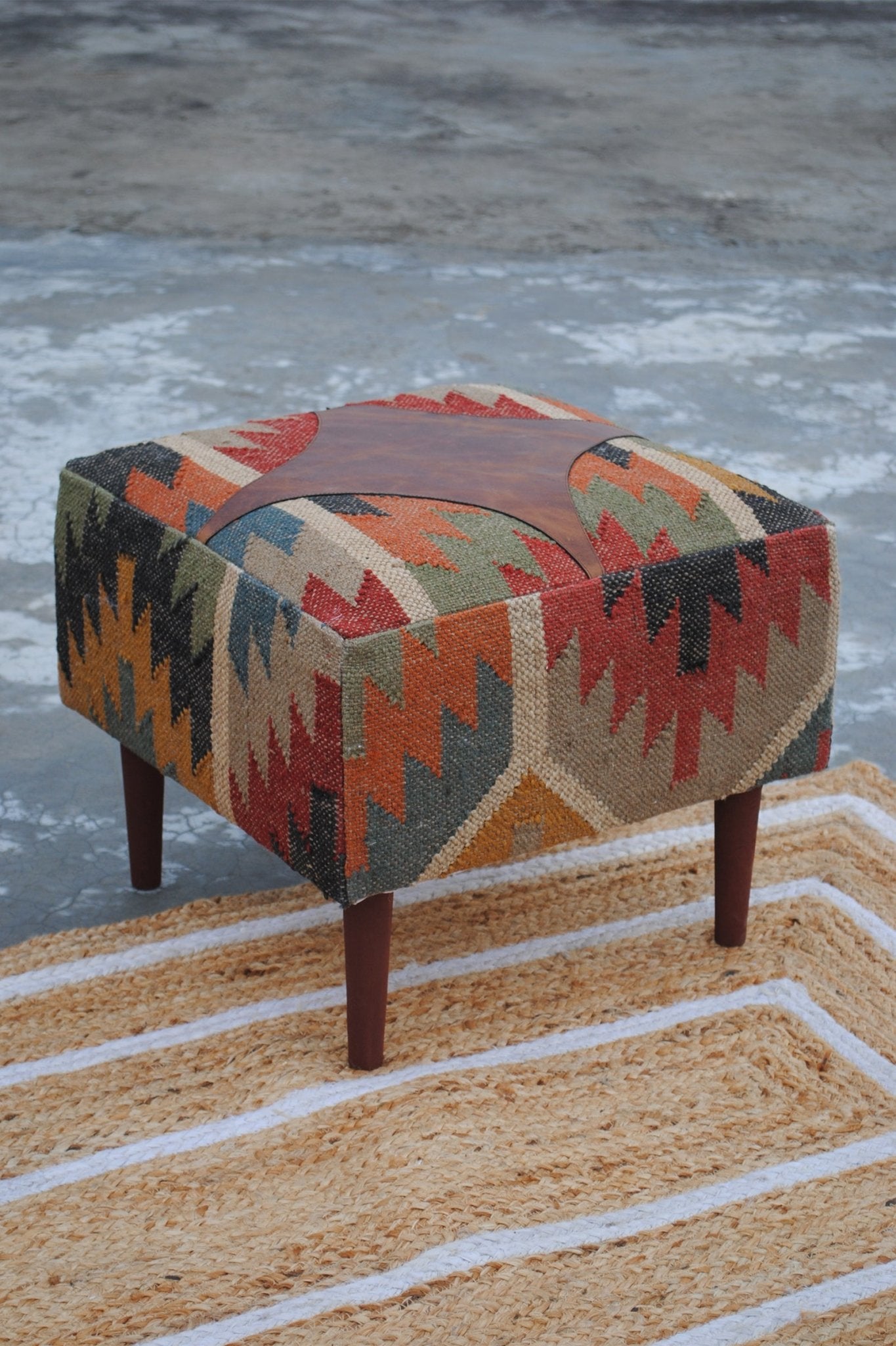 RAJAH - KILIM & LEATHER OTTOMAN - ART AVENUE