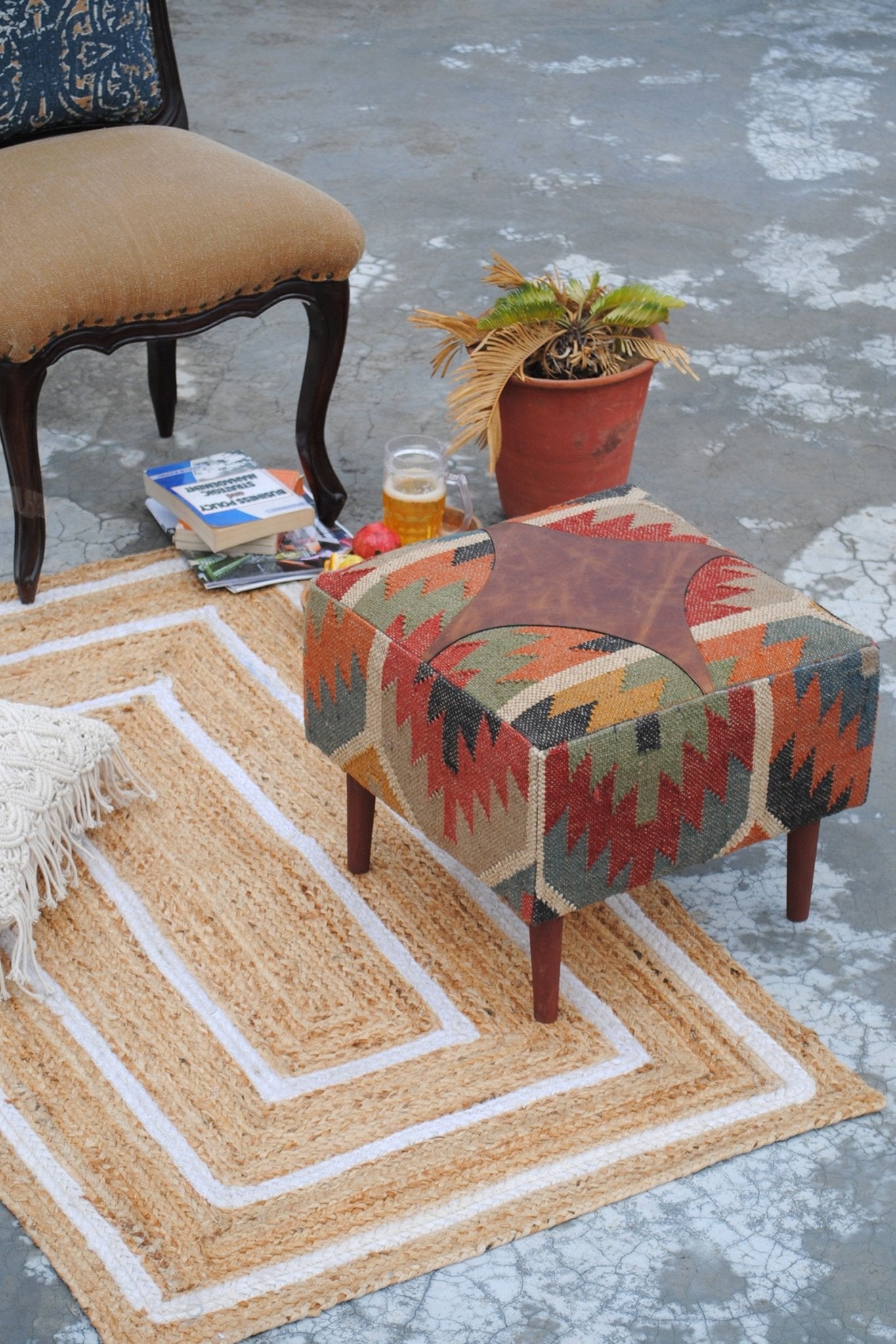 RAJAH - KILIM & LEATHER OTTOMAN - ART AVENUE