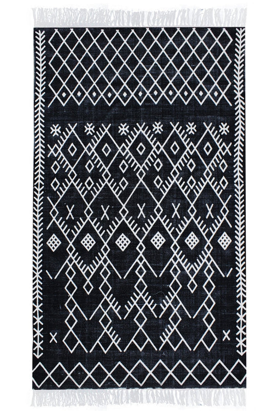 VICTORIA -BLOCK PRINTED RUG- BLACK - ART AVENUE